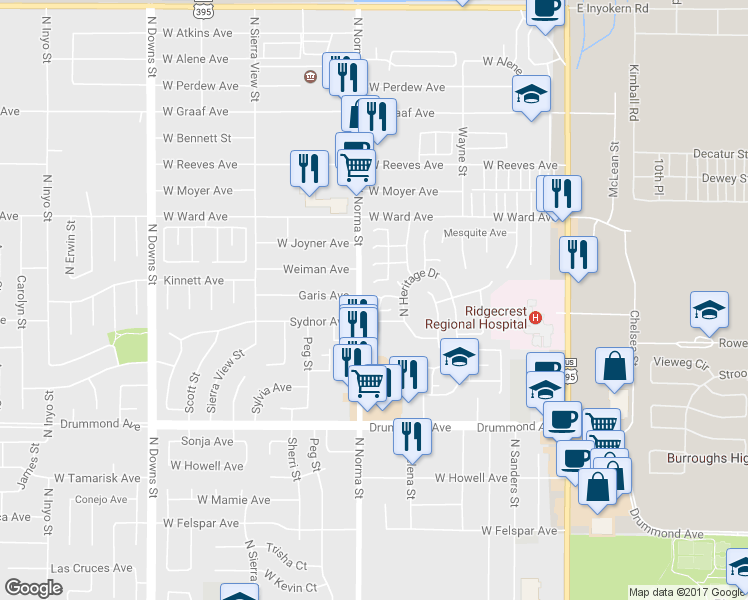map of restaurants, bars, coffee shops, grocery stores, and more near 423 La Mancha Court in Ridgecrest