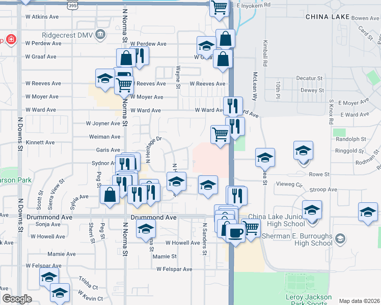 map of restaurants, bars, coffee shops, grocery stores, and more near 1130 North Yosemite Lane in Ridgecrest