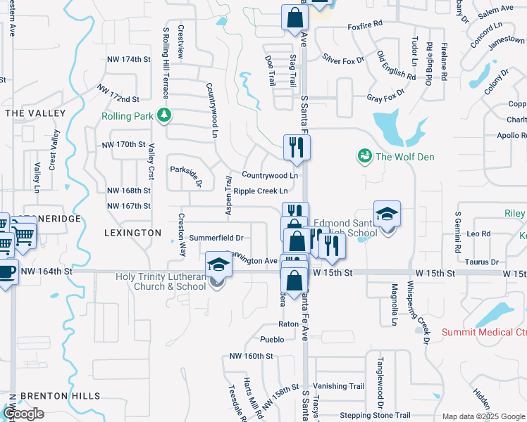 map of restaurants, bars, coffee shops, grocery stores, and more near 2500 Fairfield Drive in Edmond