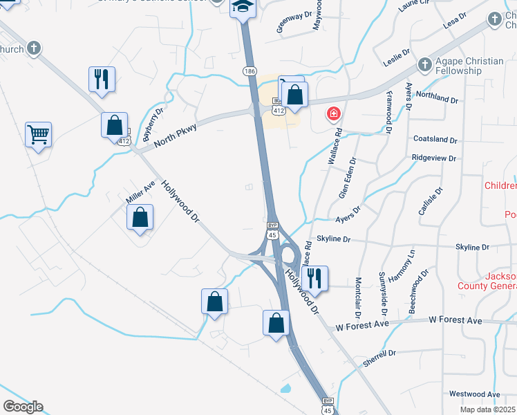 map of restaurants, bars, coffee shops, grocery stores, and more near 1301 U.S. 45 Bypass in Jackson