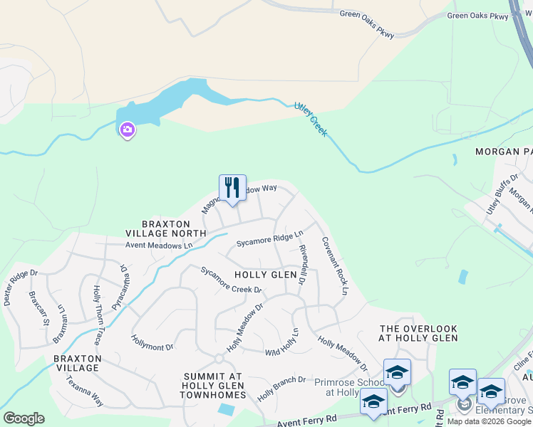 map of restaurants, bars, coffee shops, grocery stores, and more near 104 Avent Meadows Lane in Holly Springs