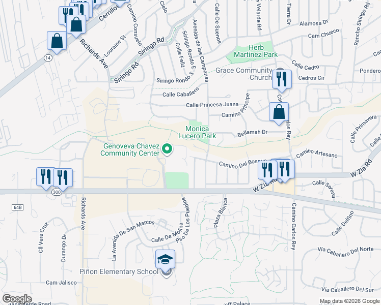 map of restaurants, bars, coffee shops, grocery stores, and more near 3017 Camino Del Bosque in Santa Fe