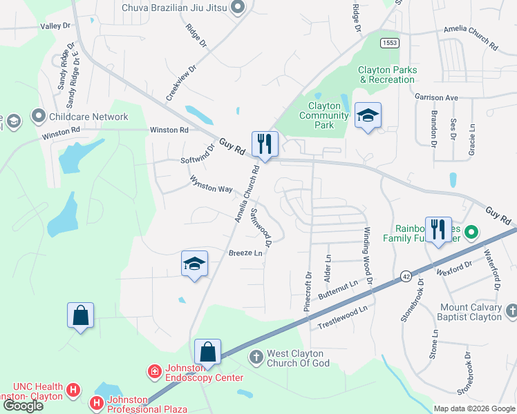map of restaurants, bars, coffee shops, grocery stores, and more near 3000 Buttonwood Lane in Clayton