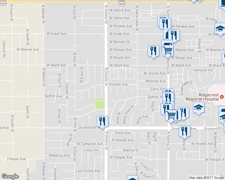 map of restaurants, bars, coffee shops, grocery stores, and more near 1114 Randall Street in Ridgecrest
