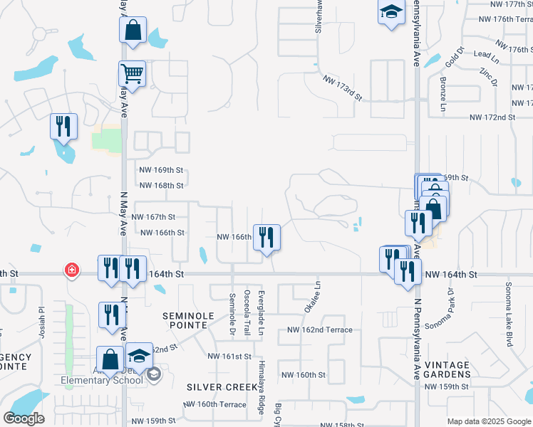 map of restaurants, bars, coffee shops, grocery stores, and more near 16804 Valderama Way in Edmond