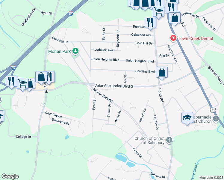 map of restaurants, bars, coffee shops, grocery stores, and more near 2035 Jake Alexander Boulevard South in Salisbury