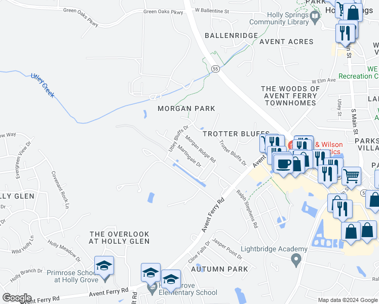 map of restaurants, bars, coffee shops, grocery stores, and more near 136 Martingale Drive in Holly Springs