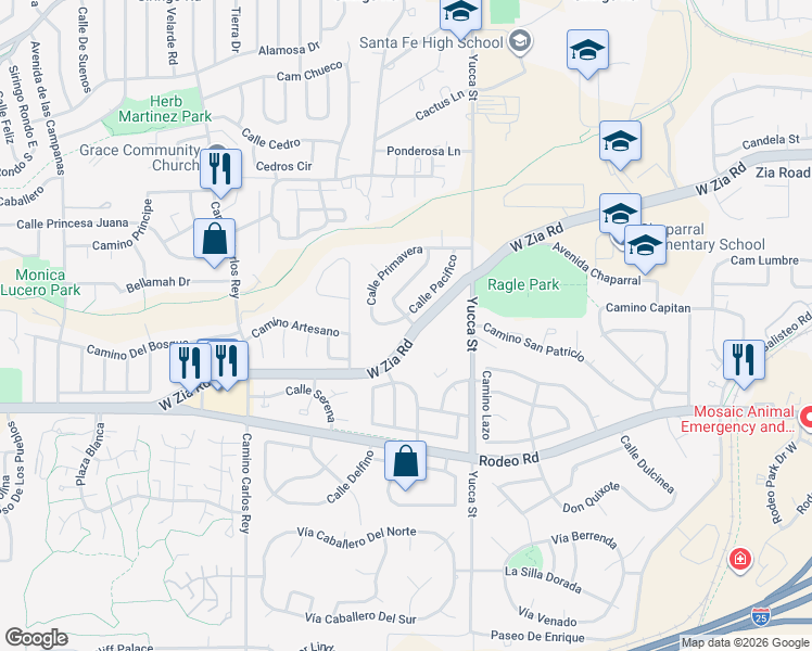 map of restaurants, bars, coffee shops, grocery stores, and more near 2661 Calle Primavera in Santa Fe