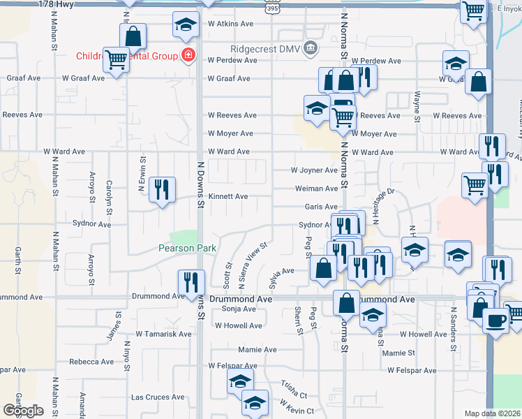 map of restaurants, bars, coffee shops, grocery stores, and more near 1116 Krista Court in Ridgecrest