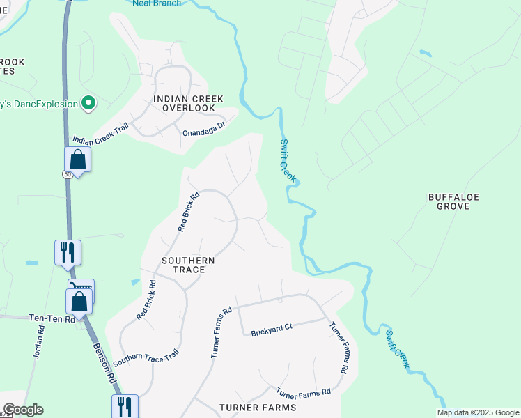 map of restaurants, bars, coffee shops, grocery stores, and more near 5108 Shagbark Oak Road in Garner