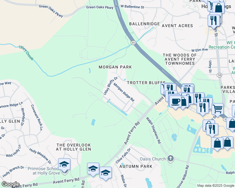map of restaurants, bars, coffee shops, grocery stores, and more near 136 Martingale Drive in Holly Springs