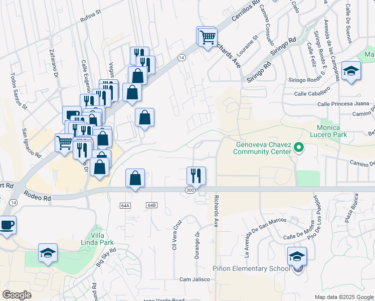 map of restaurants, bars, coffee shops, grocery stores, and more near 3361 Vista Del Prado Court in Santa Fe