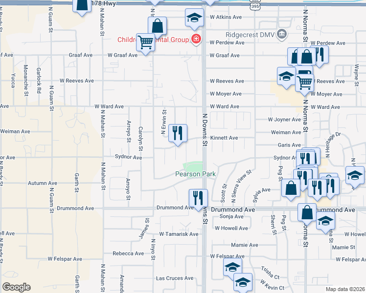 map of restaurants, bars, coffee shops, grocery stores, and more near 1001 Kinnett Avenue in Ridgecrest