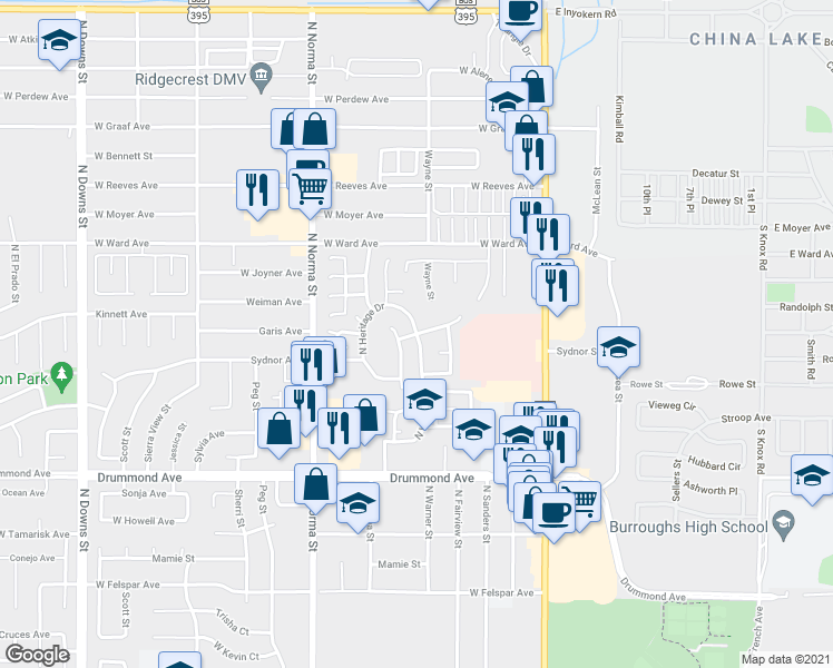 map of restaurants, bars, coffee shops, grocery stores, and more near West Cobblestone Lane in Ridgecrest