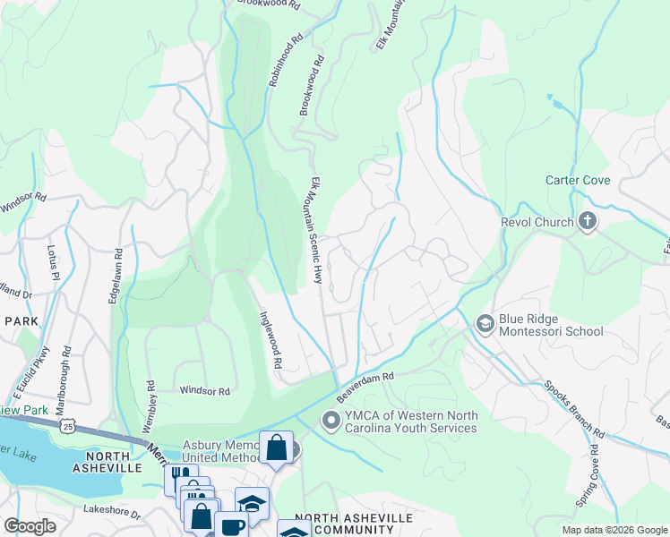 map of restaurants, bars, coffee shops, grocery stores, and more near 22 Chantilly Drive in Asheville