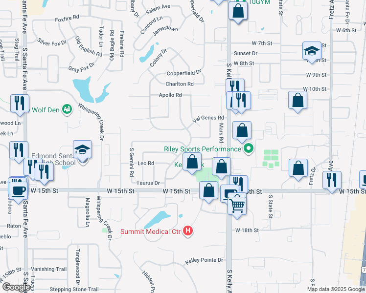 map of restaurants, bars, coffee shops, grocery stores, and more near 1202 West Gemini Road in Edmond