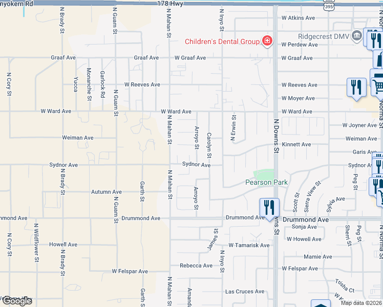 map of restaurants, bars, coffee shops, grocery stores, and more near 1112 North Cynthia Court in Ridgecrest
