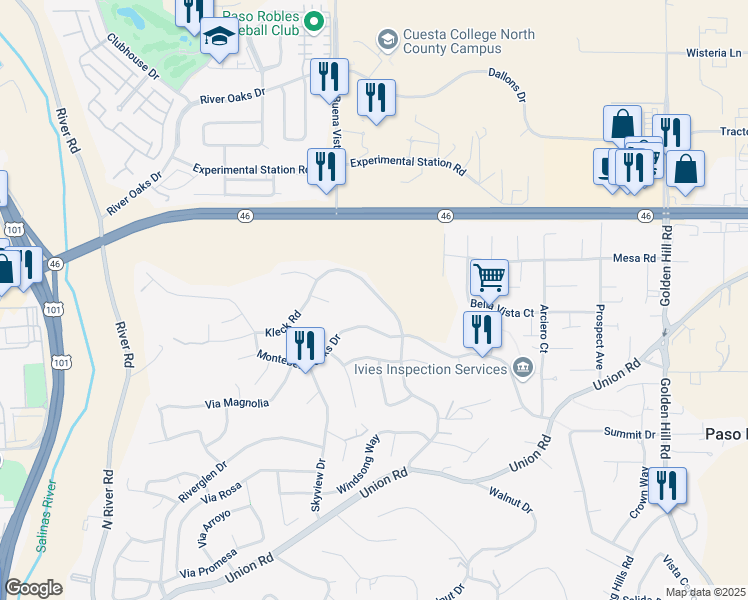 map of restaurants, bars, coffee shops, grocery stores, and more near 1909 Kleck Road in Paso Robles