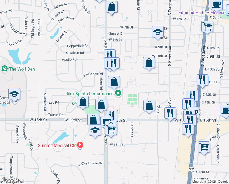 map of restaurants, bars, coffee shops, grocery stores, and more near 1200 South Kelly Avenue in Edmond