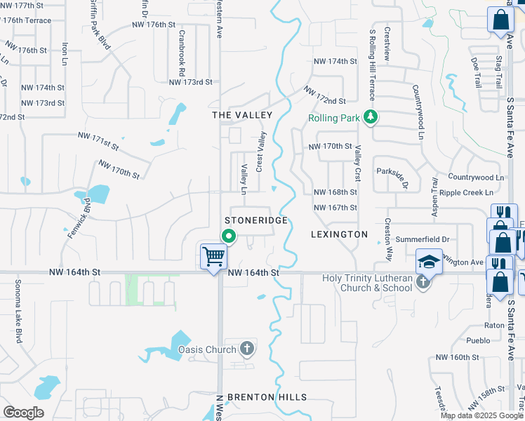 map of restaurants, bars, coffee shops, grocery stores, and more near 16728 Crest Valley in Edmond