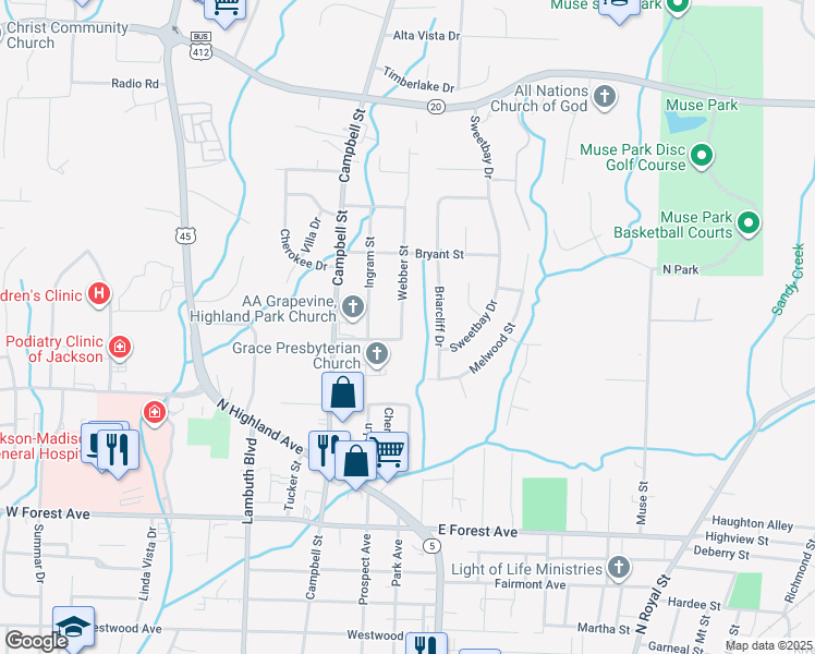map of restaurants, bars, coffee shops, grocery stores, and more near 10 Webber Street in Jackson