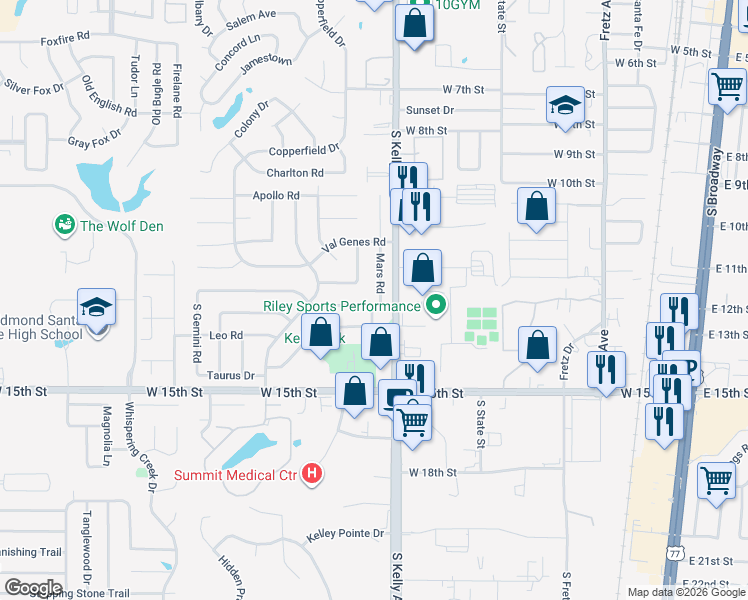 map of restaurants, bars, coffee shops, grocery stores, and more near 1121 Mars Road in Edmond