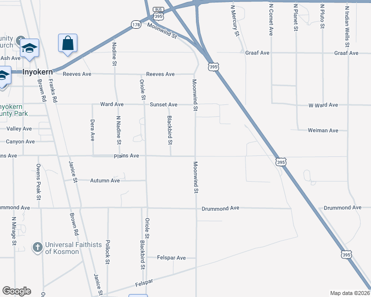 map of restaurants, bars, coffee shops, grocery stores, and more near 5914 Plains Avenue in Inyokern