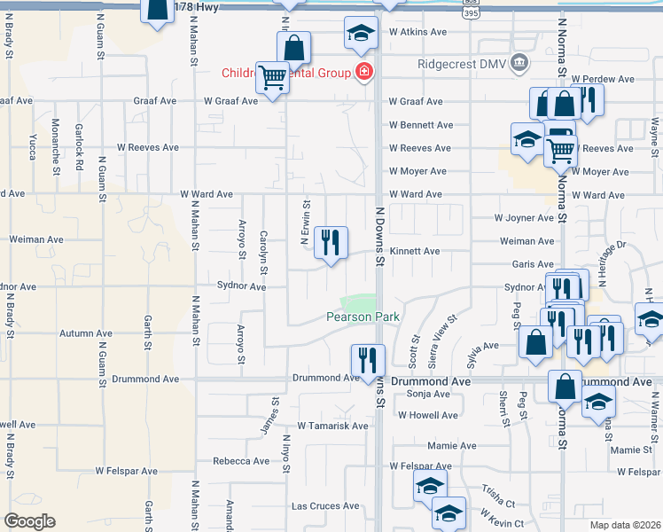 map of restaurants, bars, coffee shops, grocery stores, and more near 1001 Kinnett Avenue in Ridgecrest