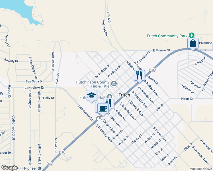 map of restaurants, bars, coffee shops, grocery stores, and more near 308 North Ridgeland Avenue in Fritch