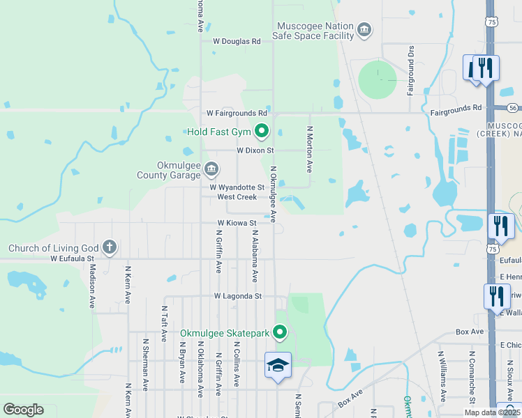 map of restaurants, bars, coffee shops, grocery stores, and more near 405 Yuchi in Okmulgee