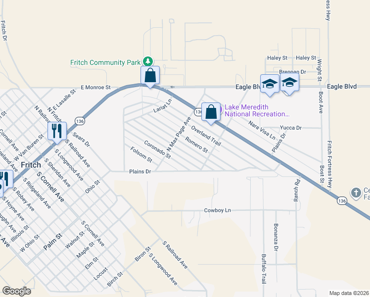 map of restaurants, bars, coffee shops, grocery stores, and more near 407 Mustang Street in Fritch
