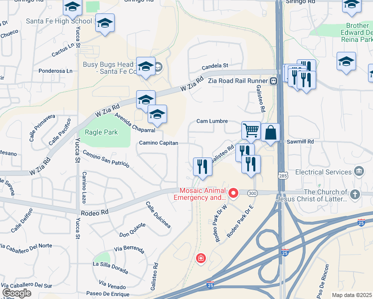 map of restaurants, bars, coffee shops, grocery stores, and more near 2716 Galisteo Court in Santa Fe