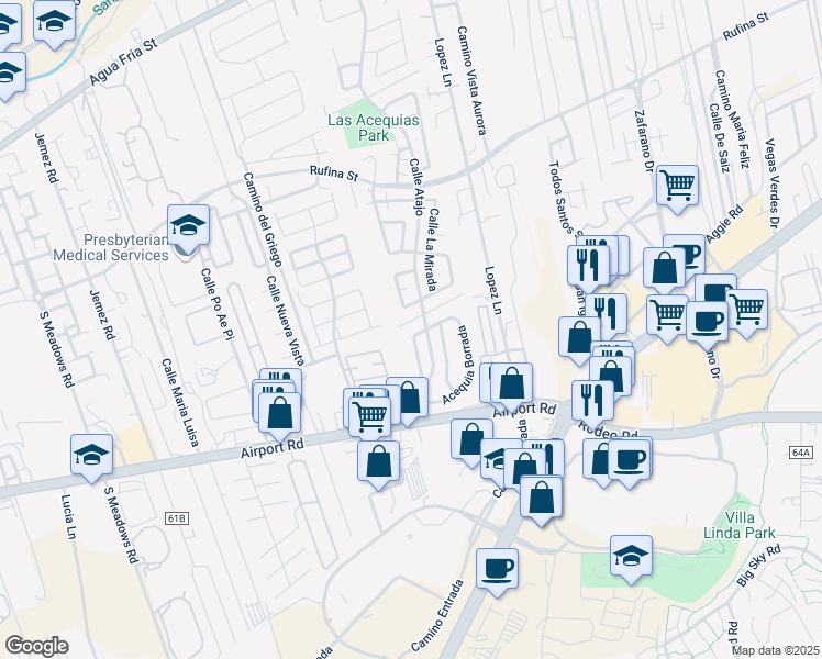 map of restaurants, bars, coffee shops, grocery stores, and more near 1423 Acequia Borrada West in Santa Fe