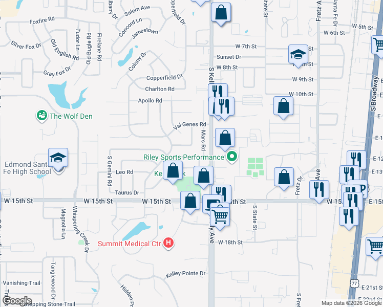 map of restaurants, bars, coffee shops, grocery stores, and more near 1121 Mars Road in Edmond