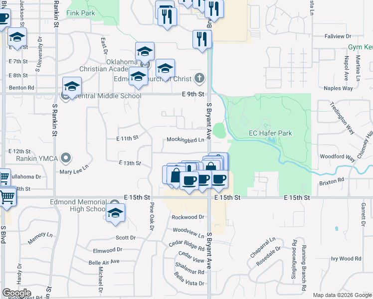 map of restaurants, bars, coffee shops, grocery stores, and more near 1309 Briarwood Drive in Edmond