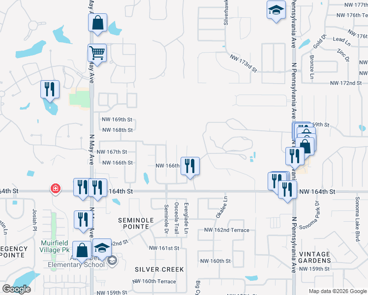 map of restaurants, bars, coffee shops, grocery stores, and more near 16809 Valderama Way in Edmond