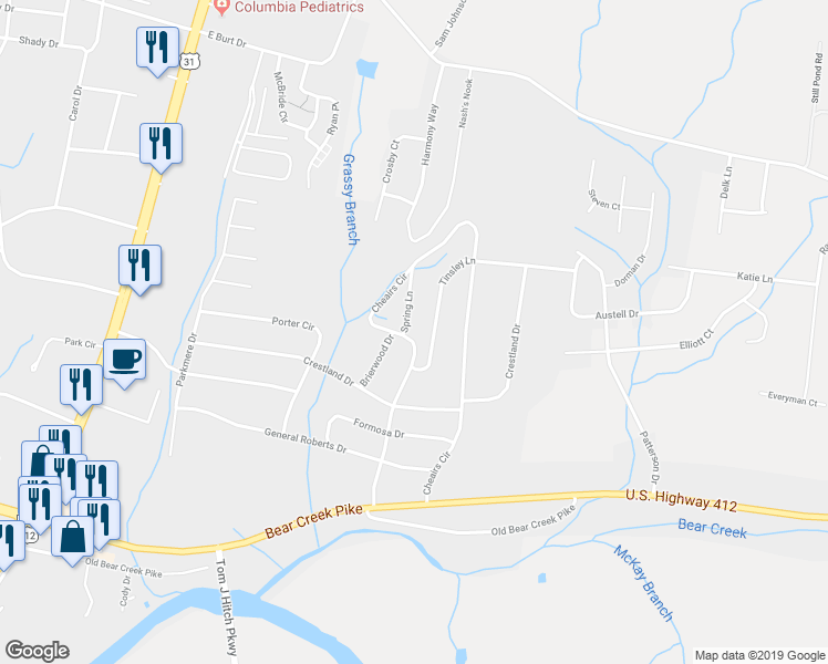 map of restaurants, bars, coffee shops, grocery stores, and more near 500 Spring Lane in Columbia
