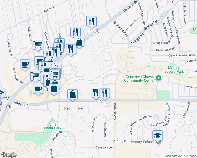 map of restaurants, bars, coffee shops, grocery stores, and more near 3361 Vista Del Prado Court in Santa Fe