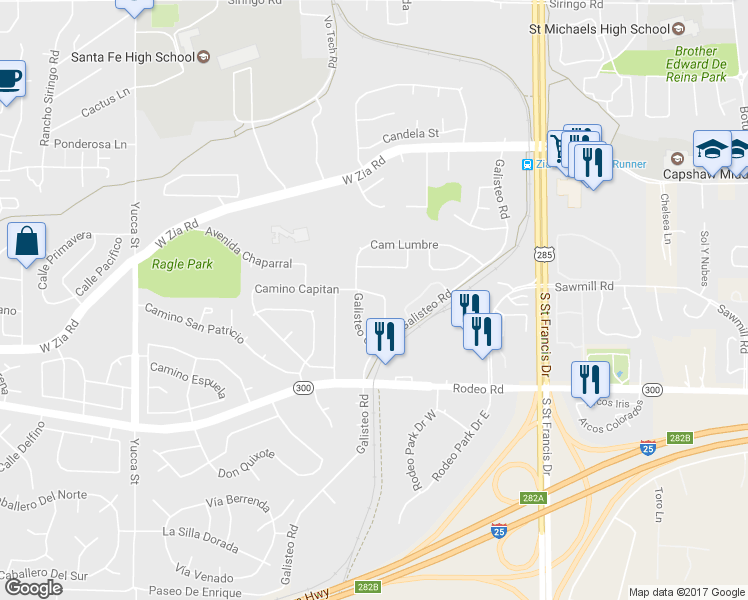 map of restaurants, bars, coffee shops, grocery stores, and more near 2373 Camino Capitan in Santa Fe
