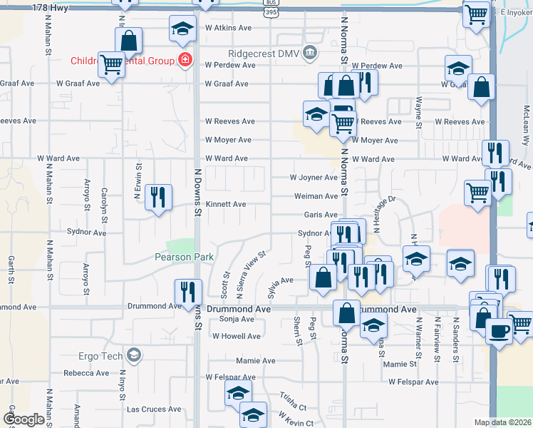 map of restaurants, bars, coffee shops, grocery stores, and more near 1116 Krista Court in Ridgecrest