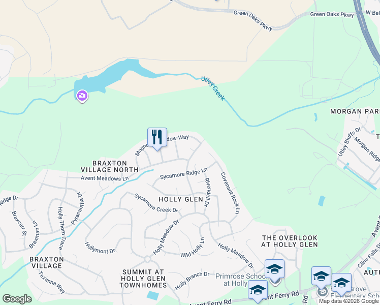 map of restaurants, bars, coffee shops, grocery stores, and more near 112 Owl Creek Court in Holly Springs