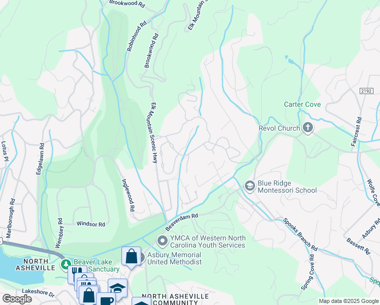 map of restaurants, bars, coffee shops, grocery stores, and more near 45 French Willow Drive in Asheville