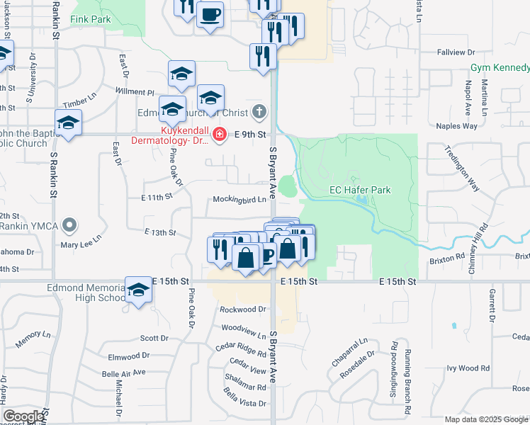 map of restaurants, bars, coffee shops, grocery stores, and more near 1413 Briarwood Dr in Edmond