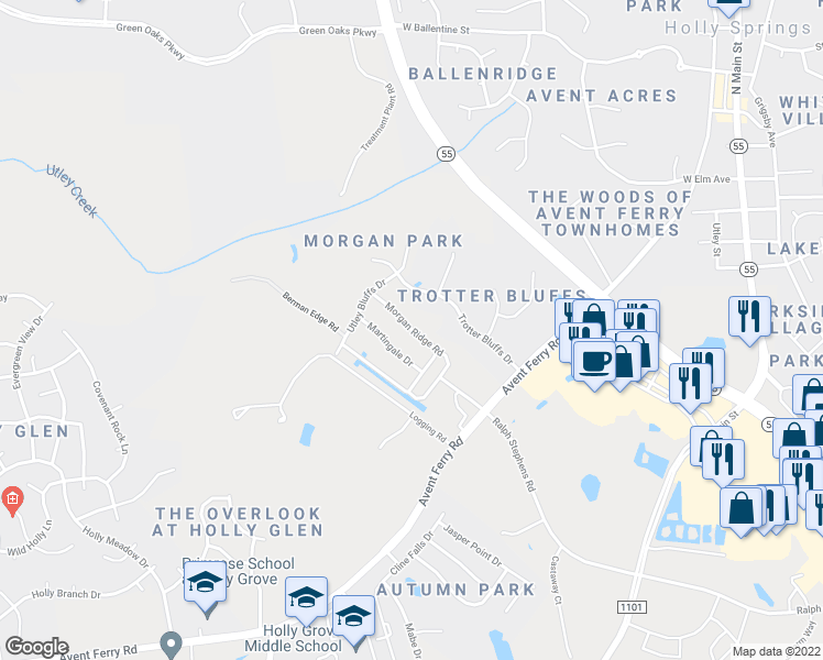 map of restaurants, bars, coffee shops, grocery stores, and more near Morgan Ridge Road in Holly Springs