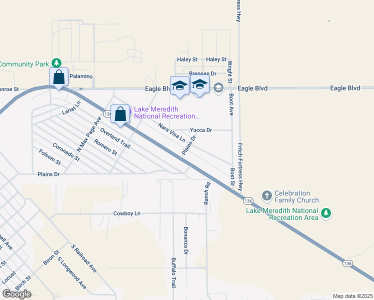 map of restaurants, bars, coffee shops, grocery stores, and more near 106 Plains Drive in Fritch
