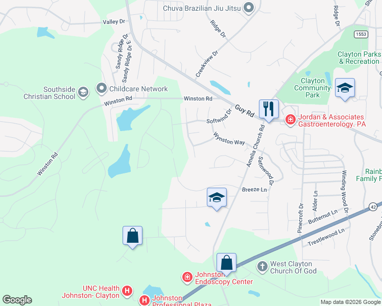 map of restaurants, bars, coffee shops, grocery stores, and more near 3032 Day Flower Drive in Clayton