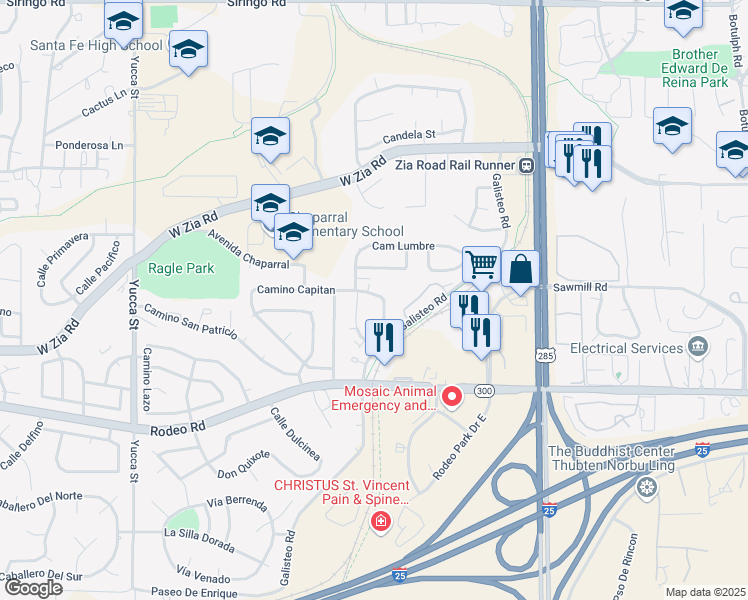 map of restaurants, bars, coffee shops, grocery stores, and more near 2382 Camino Capitan in Santa Fe