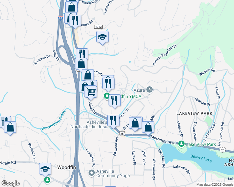 map of restaurants, bars, coffee shops, grocery stores, and more near 42 Senator Reynolds Road in Woodfin