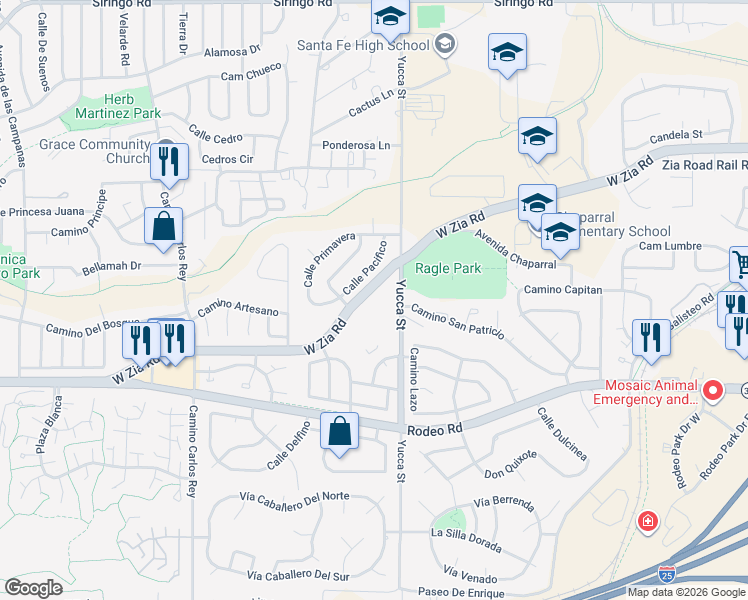 map of restaurants, bars, coffee shops, grocery stores, and more near 2600 B10 West Zia Road in Santa Fe