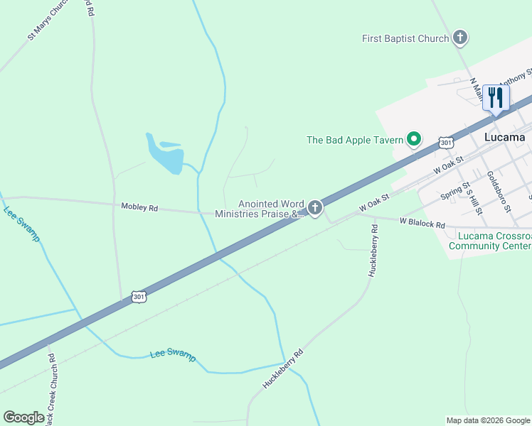 map of restaurants, bars, coffee shops, grocery stores, and more near 6625 Mobley Road in Lucama